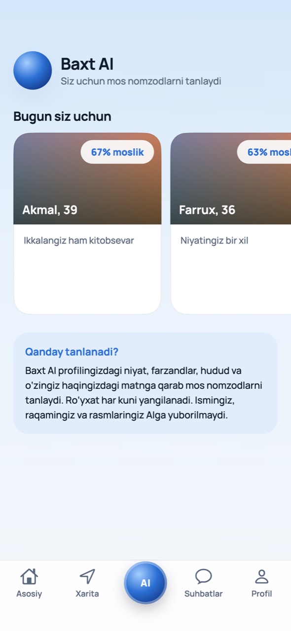 «Baxt AI» boʻlimi: «Bugun siz uchun» tanlangan nomzodlar va «Qanday tanlanadi?» izohi