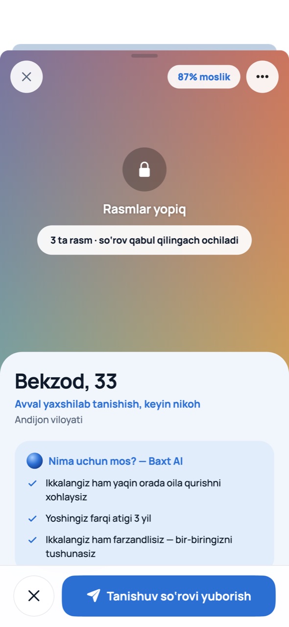 Nomzod profili: «Nima uchun mos? — Baxt AI» va uchta sabab
