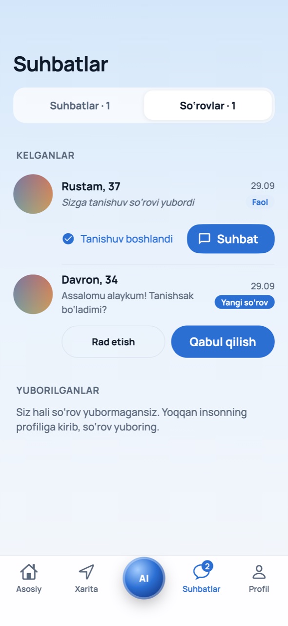 «Soʻrovlar»: kelgan tanishuv soʻrovi, «Rad etish» va «Qabul qilish» tugmalari