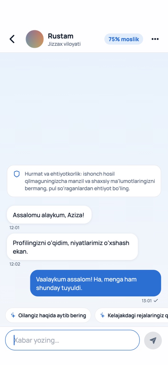 Suhbat ekrani: ehtiyotkorlik eslatmasi, salomlashuv xabarlari va tayyor savollar
